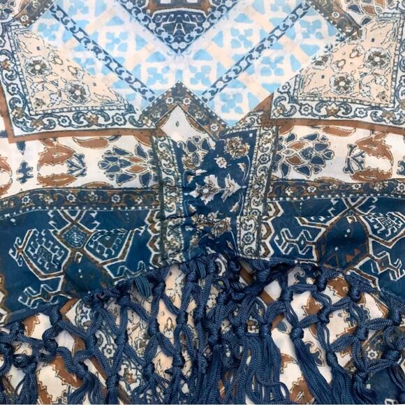 Boho Western Teal Blue Tan Brown Print Bandana Neck Scarf Size XS Fringe - Picture 7 of 11